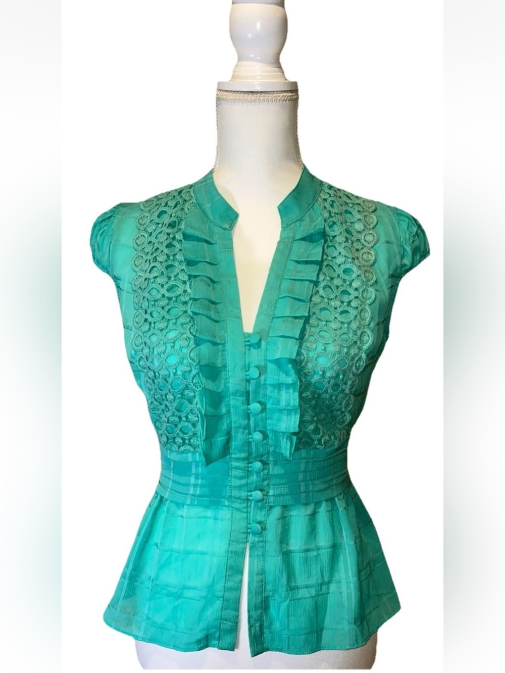 XOXO Teal Chiffon Peplum Blouse Vintage Y2K Eyelet Lace Ruffle Top Cap Sleeve S